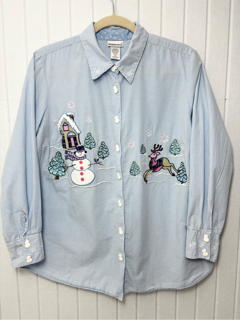 Fashion Bug Blue Gingham Snowman Embroidered Button-Up Shirt Christmas Top 14/16